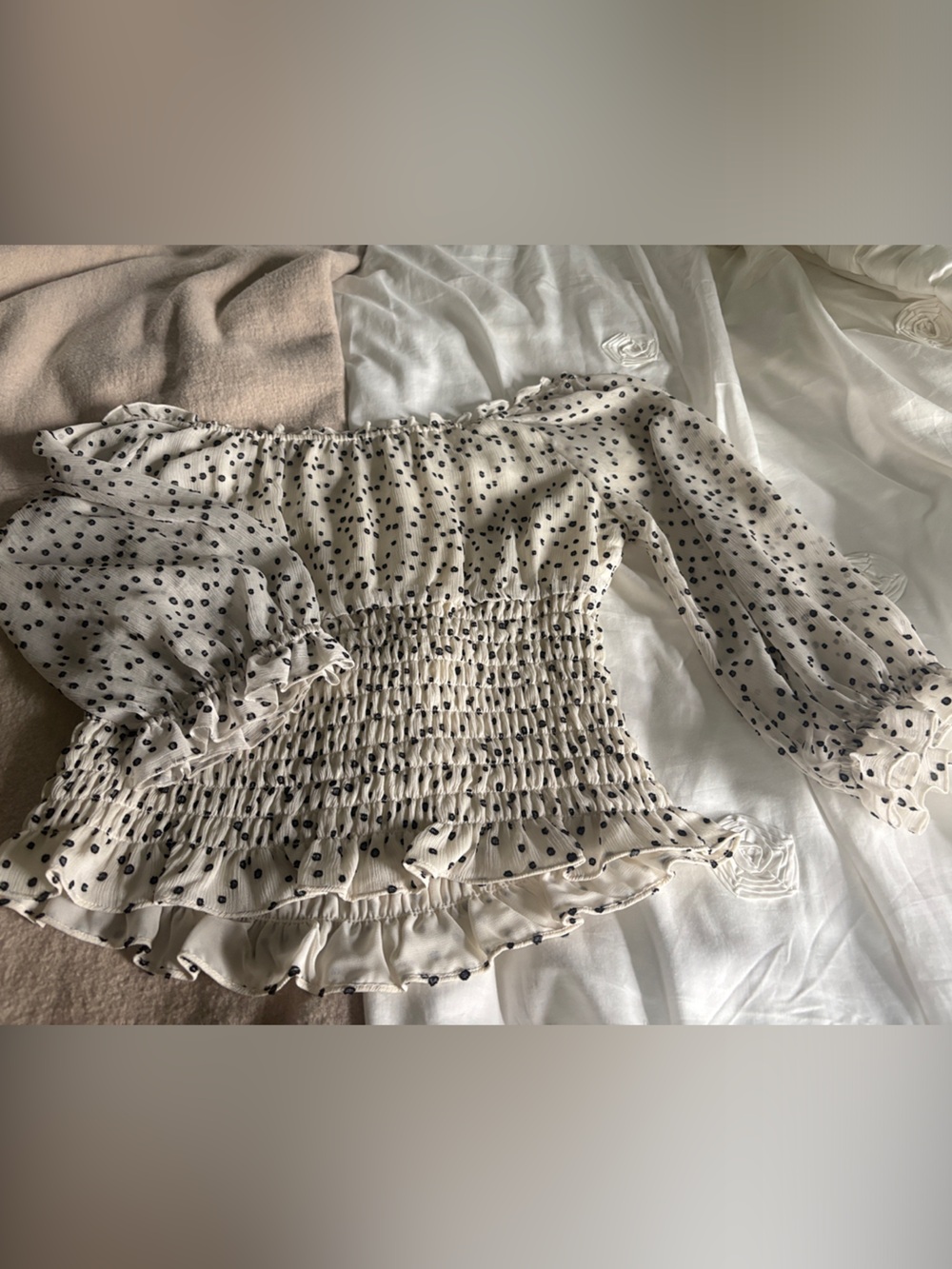 Anthropologie Cream Off-Shoulder Smocked Polka Dot Blouse